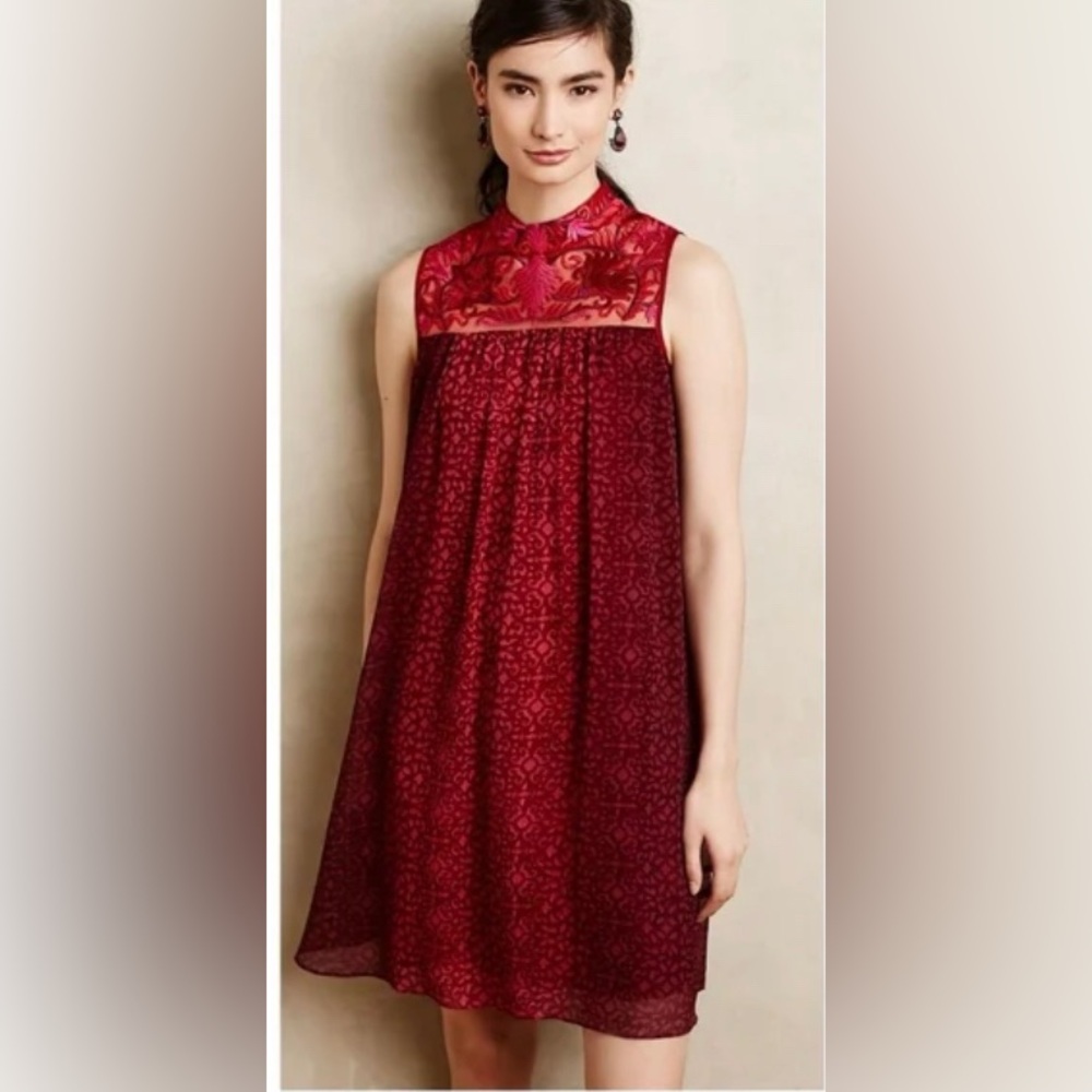 Anthropologie Niki Tlahajan Red Embroidered Floral Mock Neck Shift Mini Dress 4